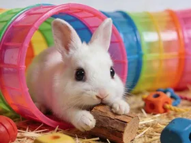 Dwergkonijn met speelgoedtunnel en knaagblok bij Bopets