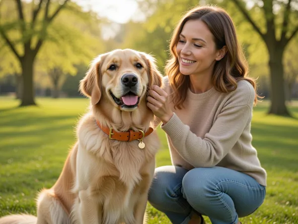 Hond met Fantail lederen halsband in het park - Fantail design lifestyle producten bij Bopets