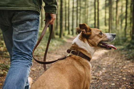 Hond met leren halsband wandelt buiten - halsbanden en leibanden kopen bij Bopets