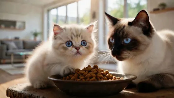 Kat eet uit voerbak met kitten, eet- en drinkbakken voor katten bij Bopets