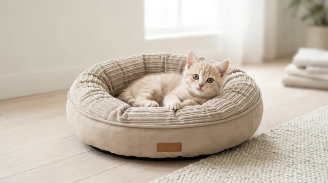 Kattenmand - kitten liggend in een zachte ronde kattenmand bij Bopets