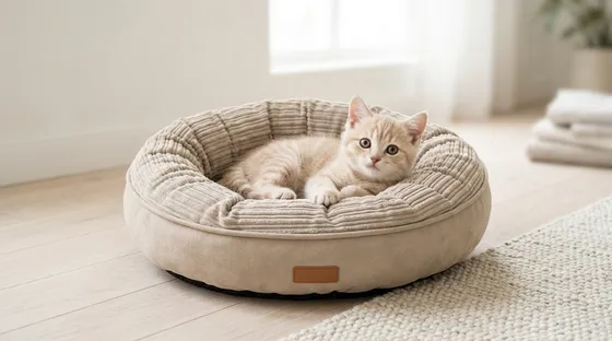 Kitten liggend in een zachte ronde kattenmand van ribfluweel - kattenmanden bij Bopets dierenwinkel