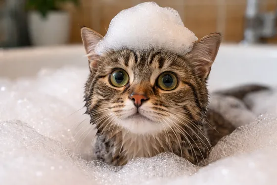 Kat wordt gewassen met kattenshampoo, zachte vachtverzorging bij Bopets dierenwinkel