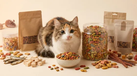 Kat omringd door premium droogvoer, natvoer en kattensnoepjes - kattenvoer bij Bopets dierenwinkel