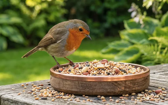 Roodborstje eet tuinvogelvoer uit een schaaltje - tuinvogelvoer bij Bopets